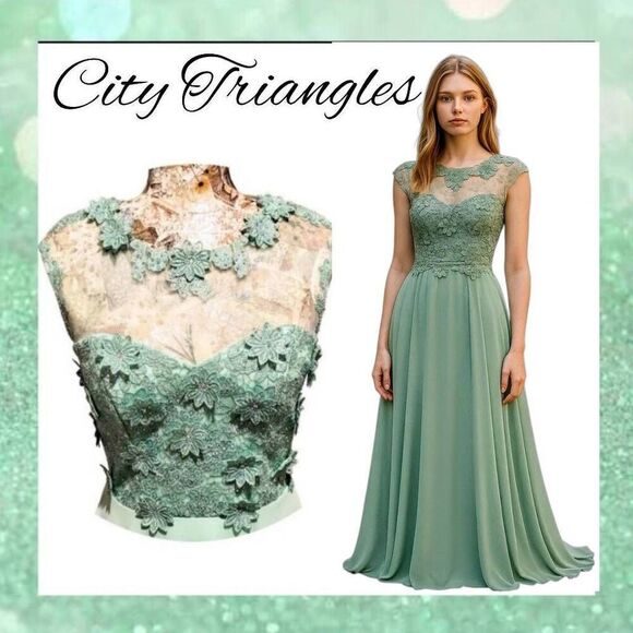 Formal Lt Green Rhinestones Floral Lace Sweetheart Bodice Long Gown Maxi Dress - Picture 1 of 15